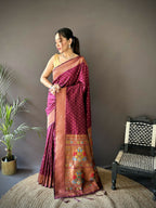 Joban Fashion Maroon Jacquard Butti Soft Lichi Silk Paithani Saree - Distacart
