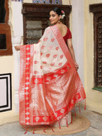 Shree Shyam Fashion White & Red Linen Cotton Saree - Distacart