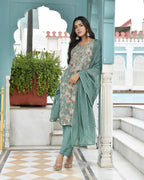 Vaasva Women's Teal Tissue Embroidered Suit Set With Solid Pant And Embroidered Dupatta