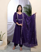 Miravan Women's Cotton Purple A-Line Kurta With Embroidered Neck And Palazzo With Embroidered Dupatta Set