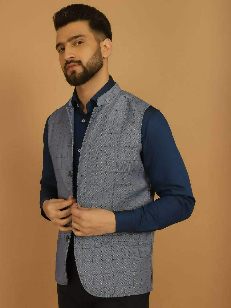 Even Apparels Nehru Jacket With Welt Pockets - Blue