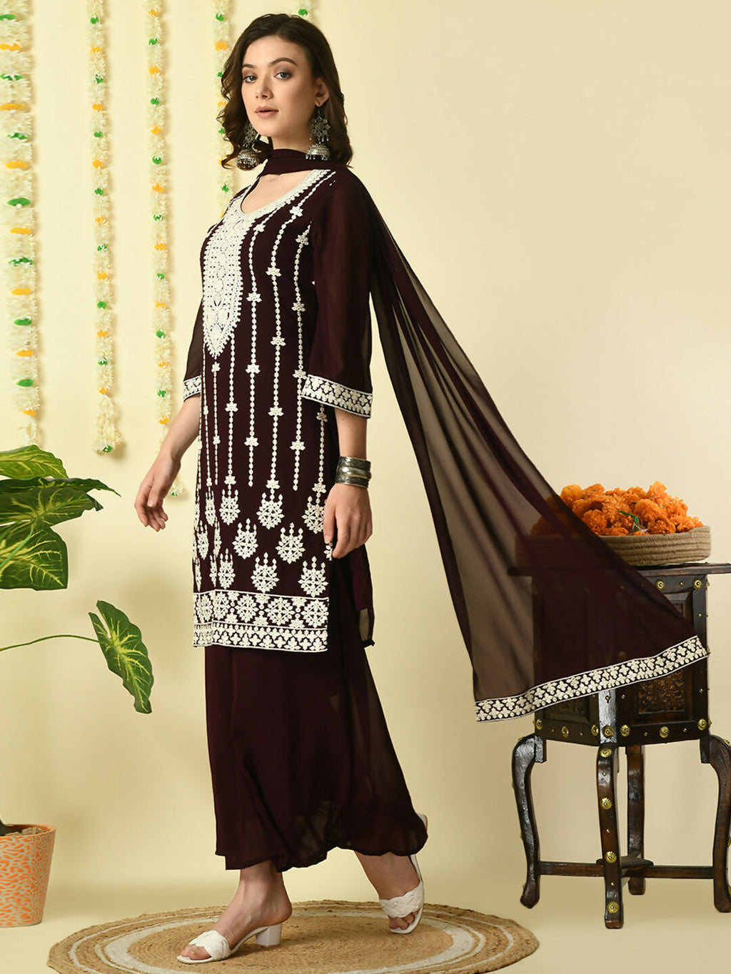 Myshka Women's Coffee Brown Georgette Kurta & Palazzos With Dupatta Party Sets
