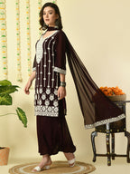 Myshka Women's Coffee Brown Georgette Kurta & Palazzos With Dupatta Party Sets