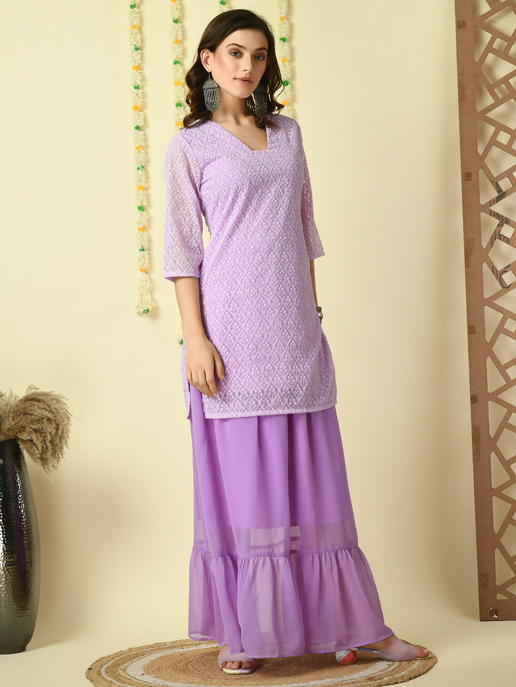 Myshka Women's Purple Georgette Kurti & Skirt With Dupatta Party Sets