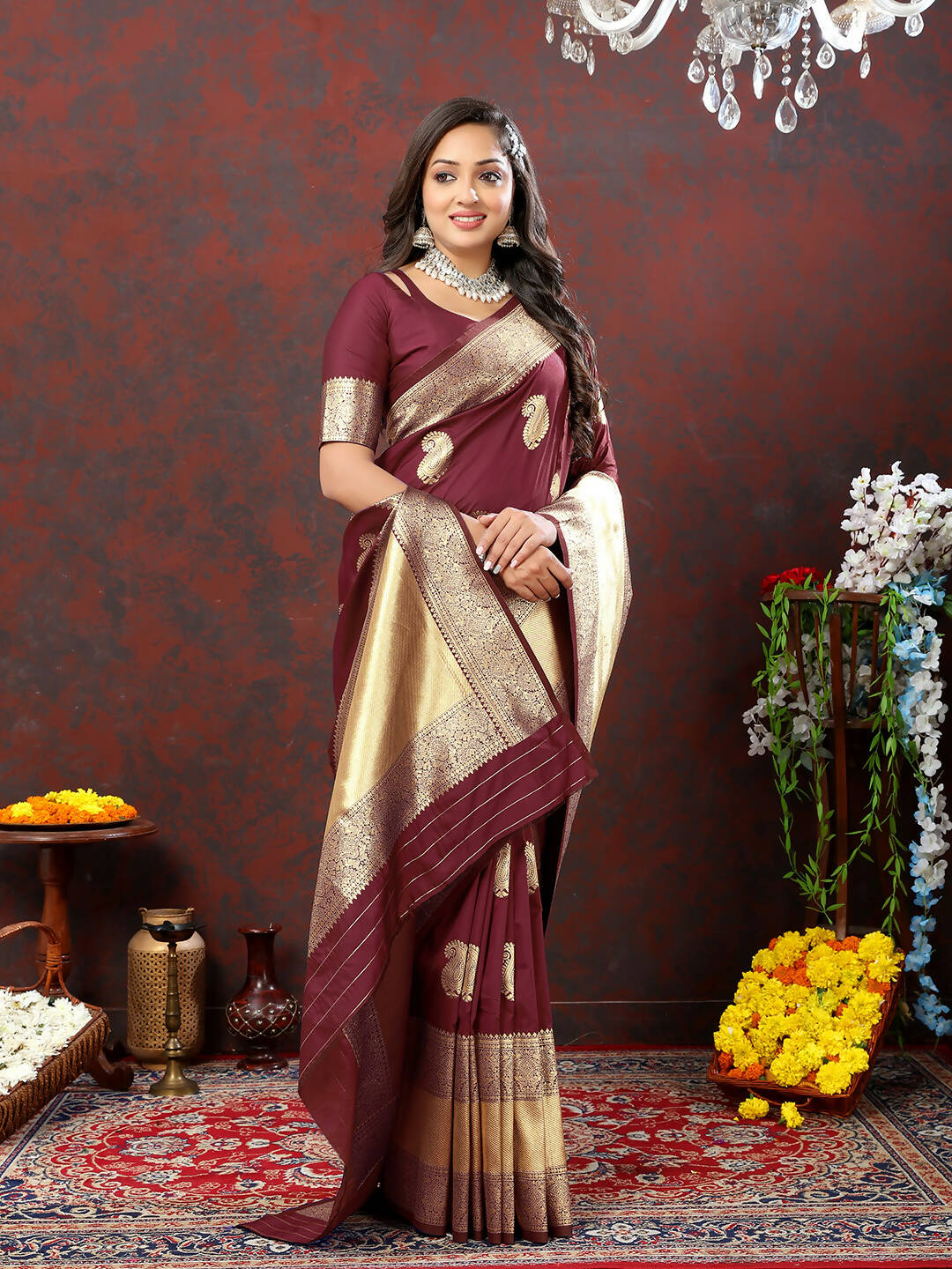 Lorenvalley Fashion Maroon Soft Silk Woven Design Gold Zari Weaving Saree