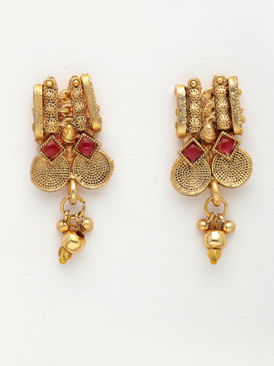 NVR Women Gold-Polished Pink Stone Studded Handcrafted Temple Jewellery Set