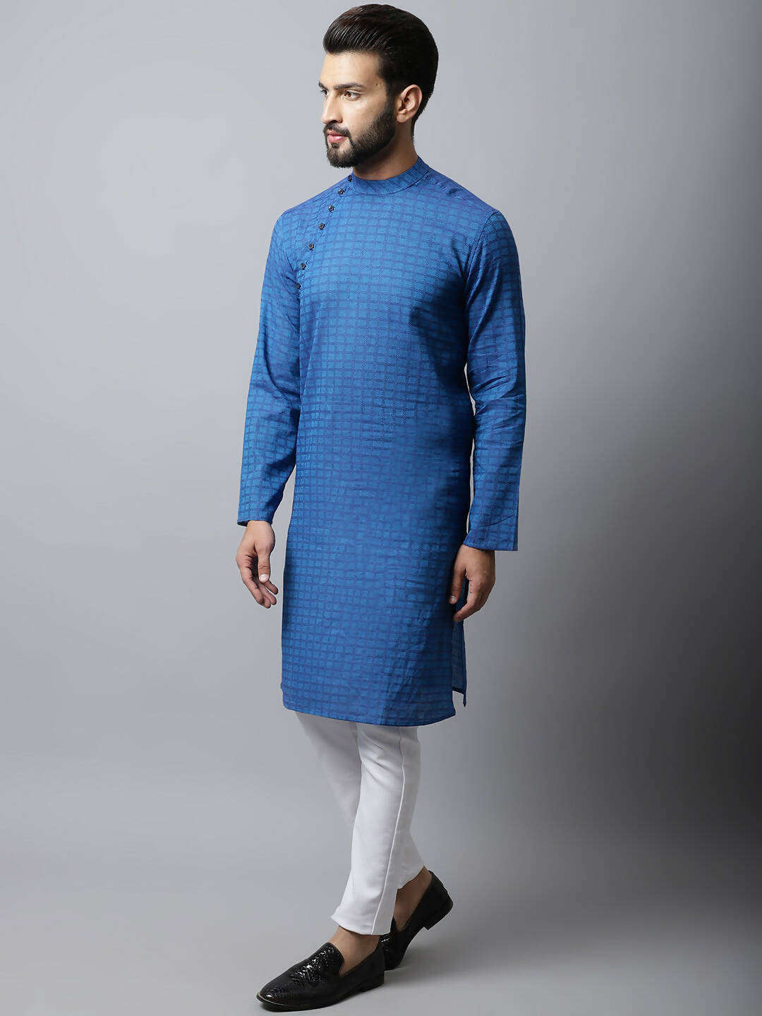 Even Apparels Blue Color Pure Cotton Men's Kurta With Band Collar (CHK1198) - Distacart