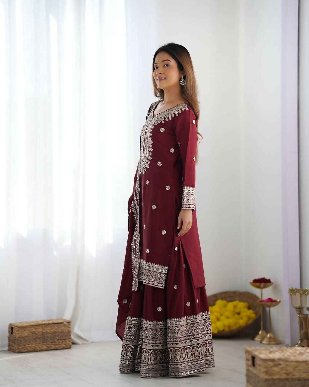 Joban Fashion Maroon Kurta Set Silk Sequins , Zari, Coding & Thread Embroidered work - Distacart