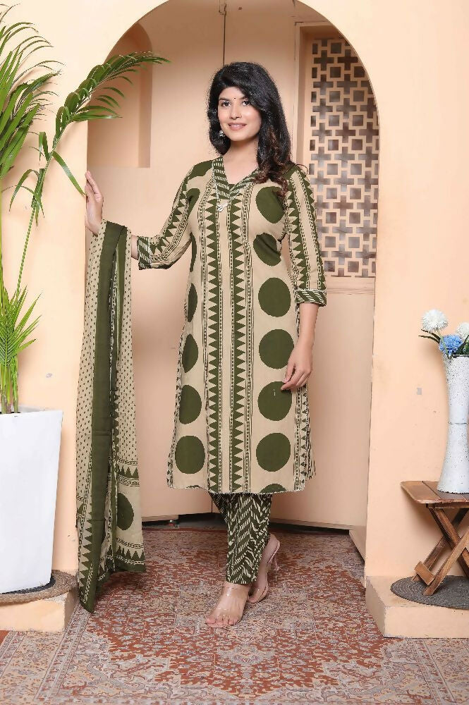 Miravan Womens Polka Dot Printed V-Neck Kurta With Palazzo And Dupatta Set - Distacart