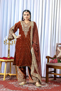 Joban Fashion Rust Brown Velvet Embroidery Kurta Set - Distacart