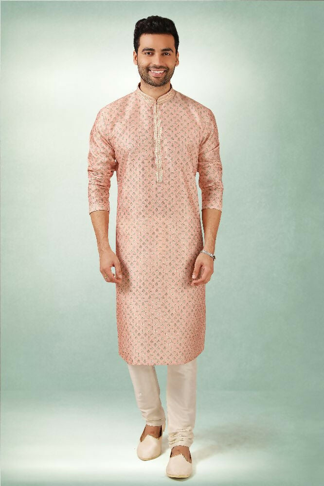 Raivat Ethnic Art Silk Printed Work Kurta Pajama In Pink Colour