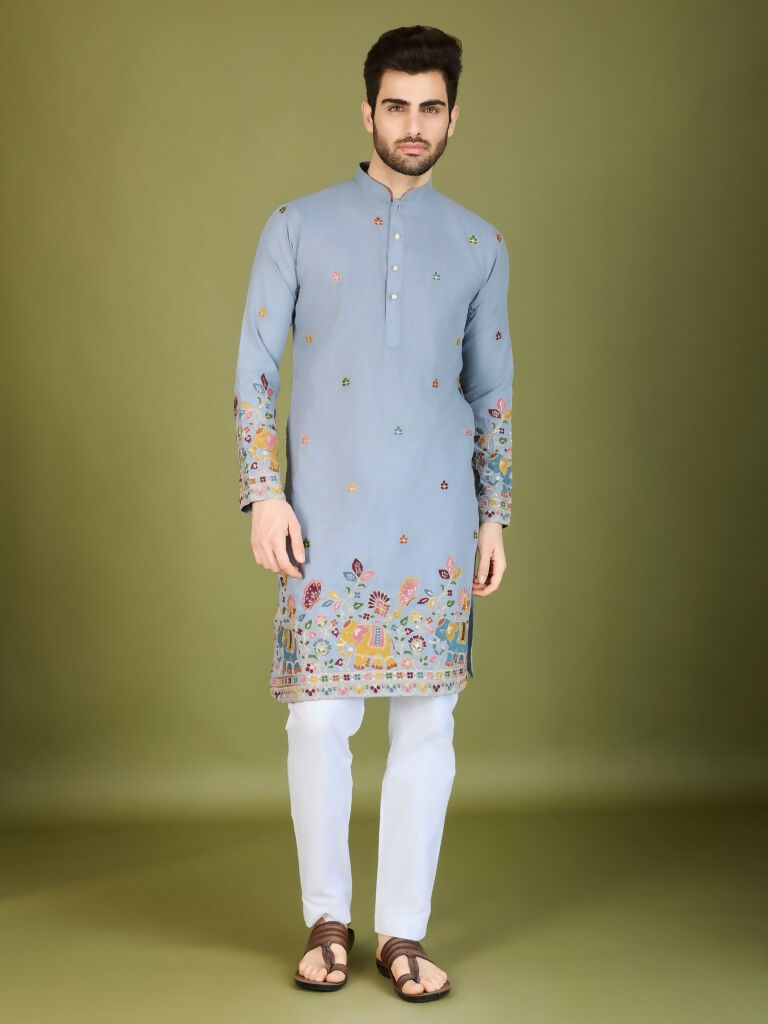 Vastranavya Sky Blue Exclusive Festival Wear Cotton Sequence Embroidered & Thread Work Kurta