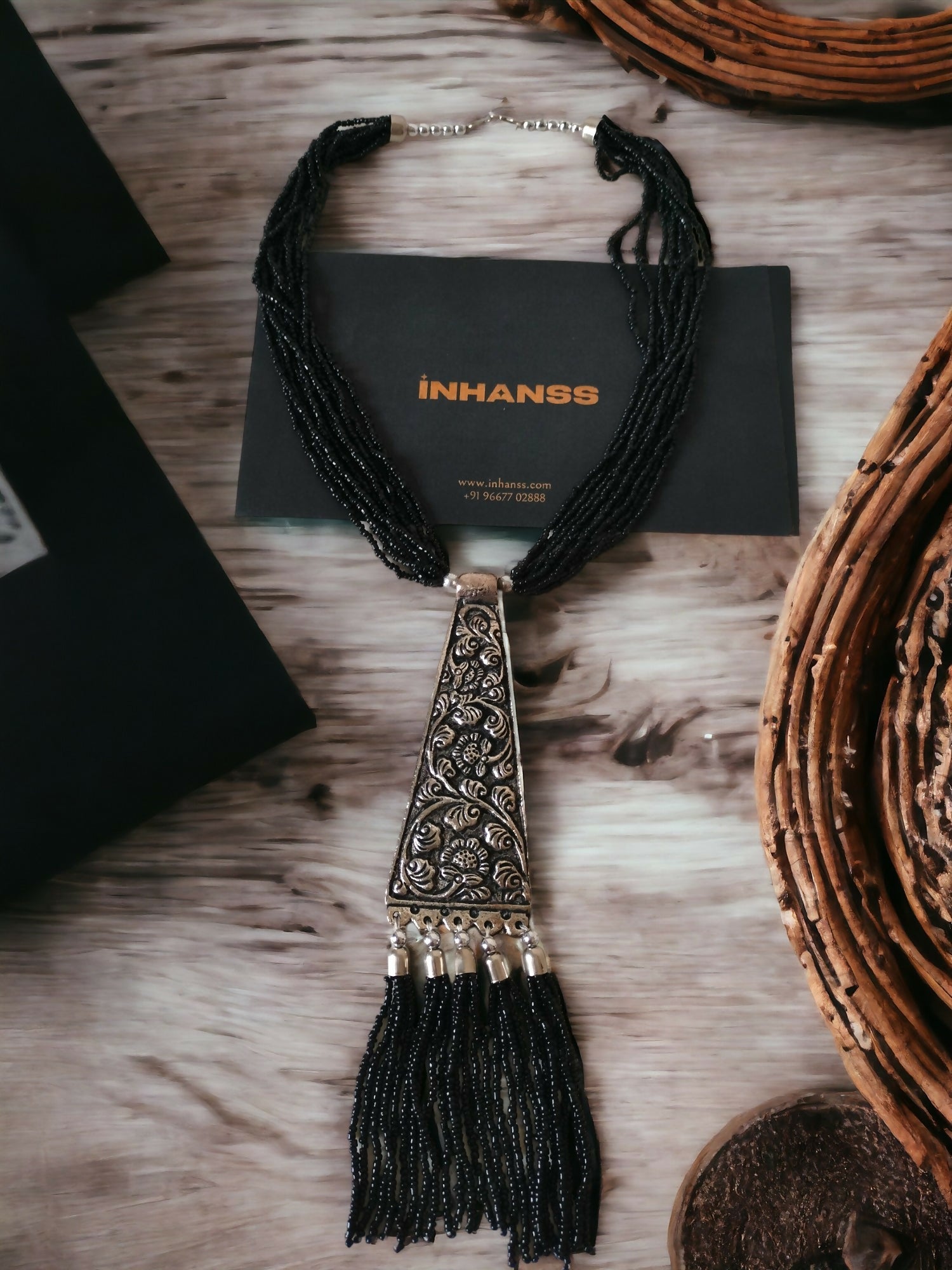 Inhanns Day-To-Dinner Tie Shaped Oxidized Black Metal Multi-Layered Long Only Necklace - Black