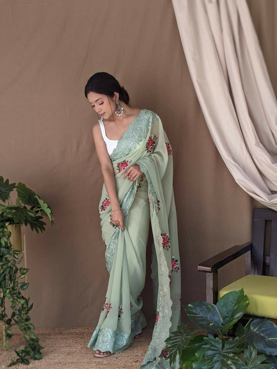 Vamsee Fana Green Georgette Silk Saree