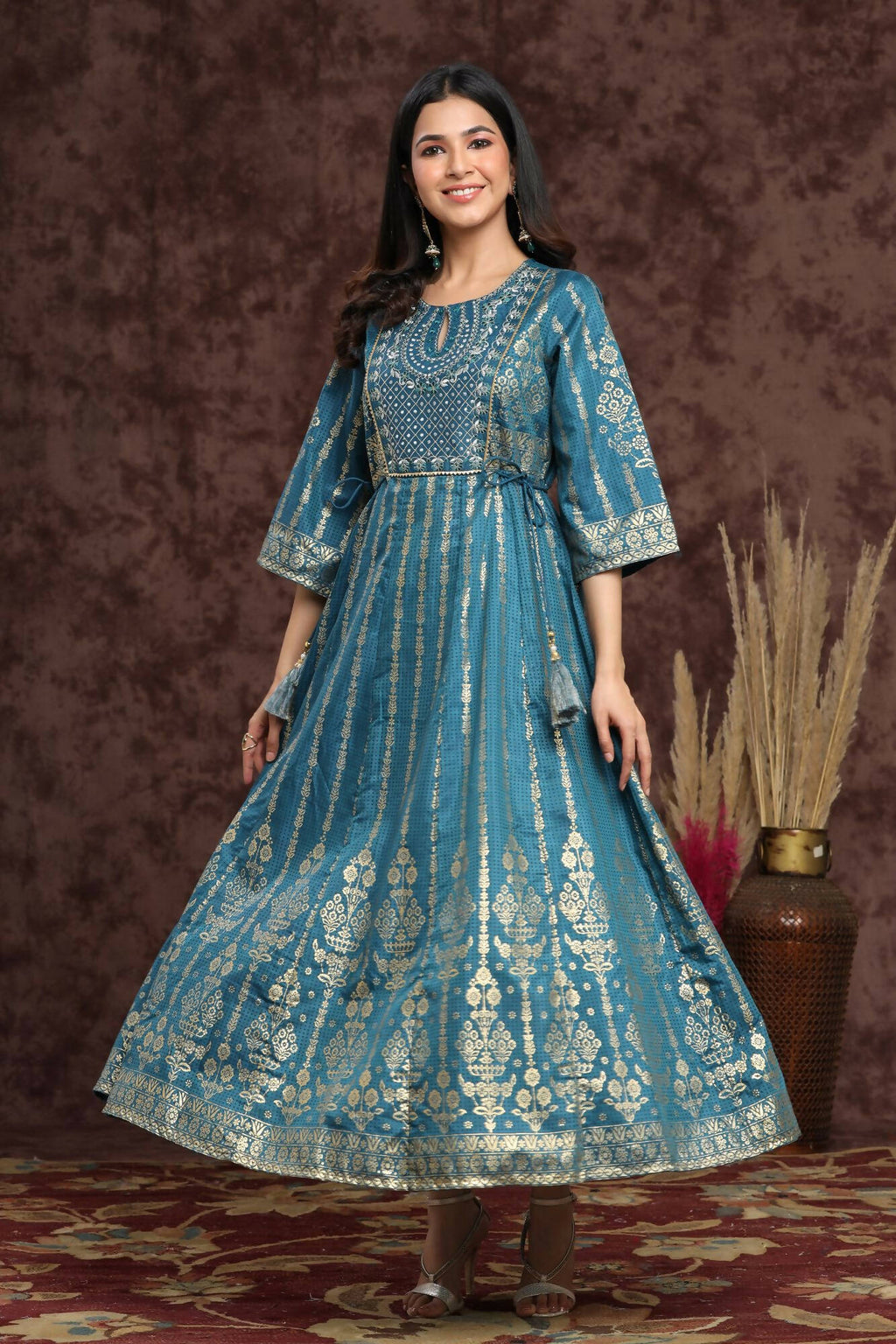 Juniper Women Teal Shantoon Printed Anarkali Dress - Distacart