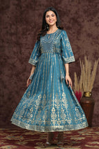 Juniper Women Teal Shantoon Printed Anarkali Dress - Distacart