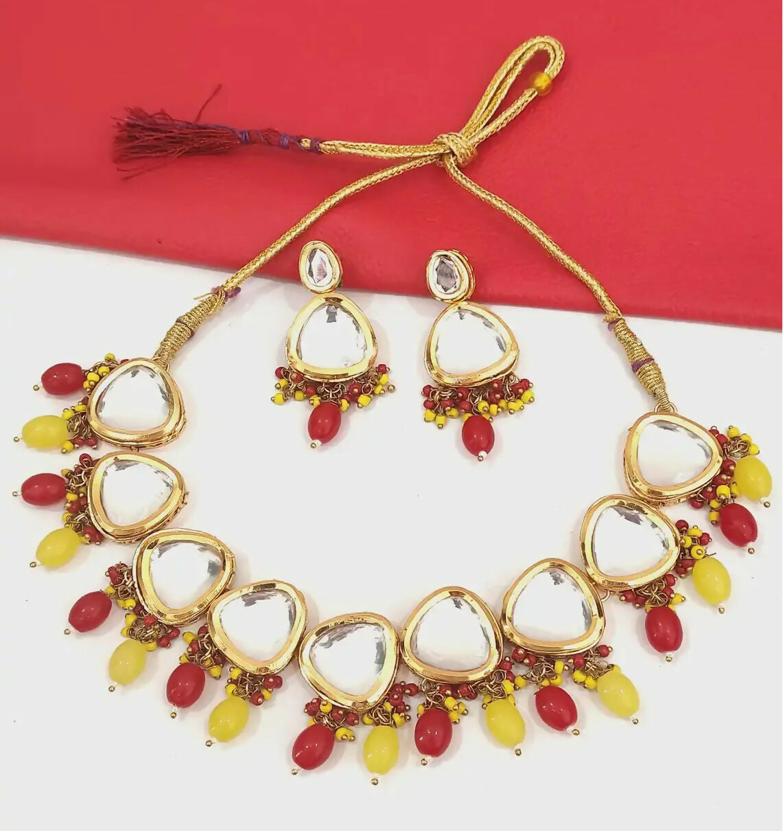 Joban Fashion Hand Made High Quality Gold Plated Base Metal Alloy Kundan Stone Studded Kundan Jewellery Set