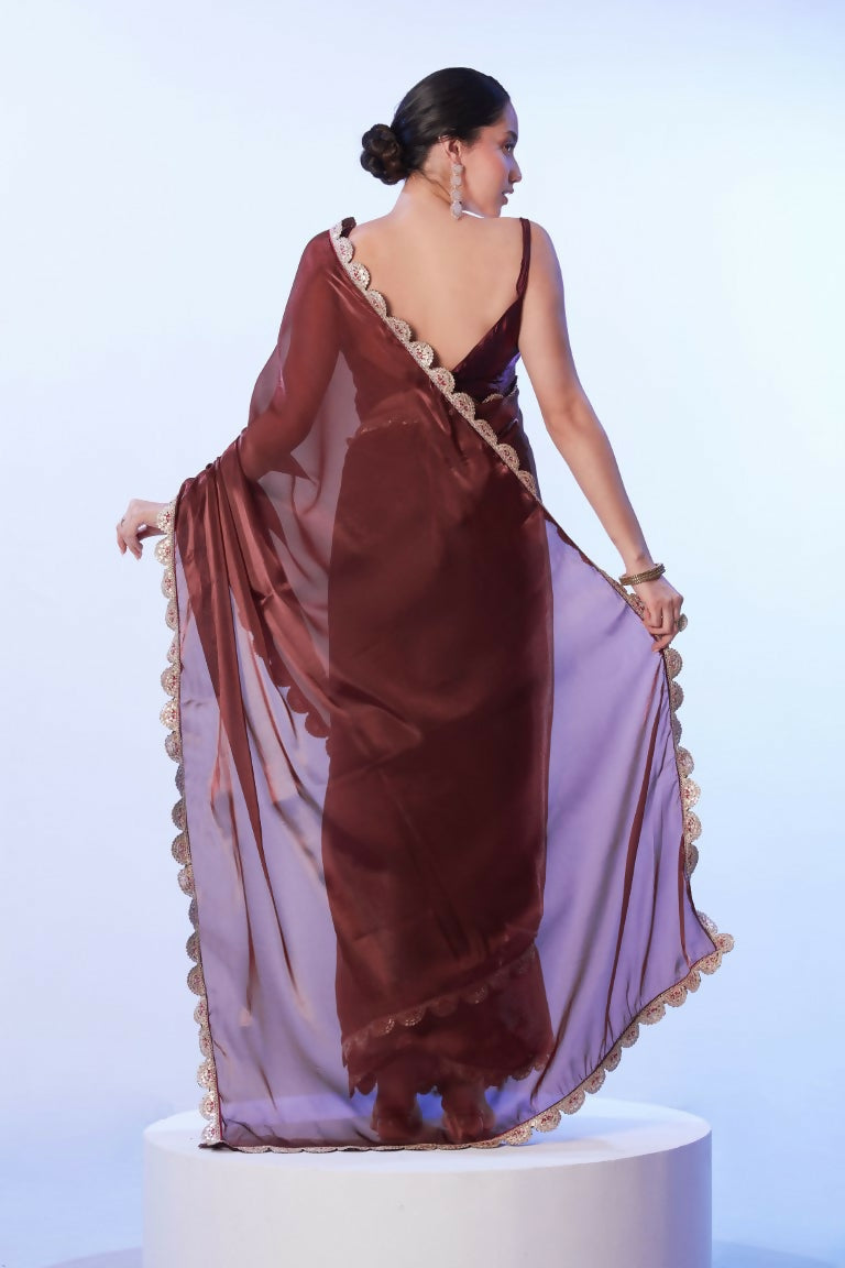 Coffee Brown Satin Solid Designer & Lace Work Saree - Samaa