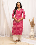 FIORRA Women's Floral Printed Pink Cotton Straight Kurta