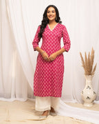 FIORRA Women's Floral Printed Pink Cotton Straight Kurta