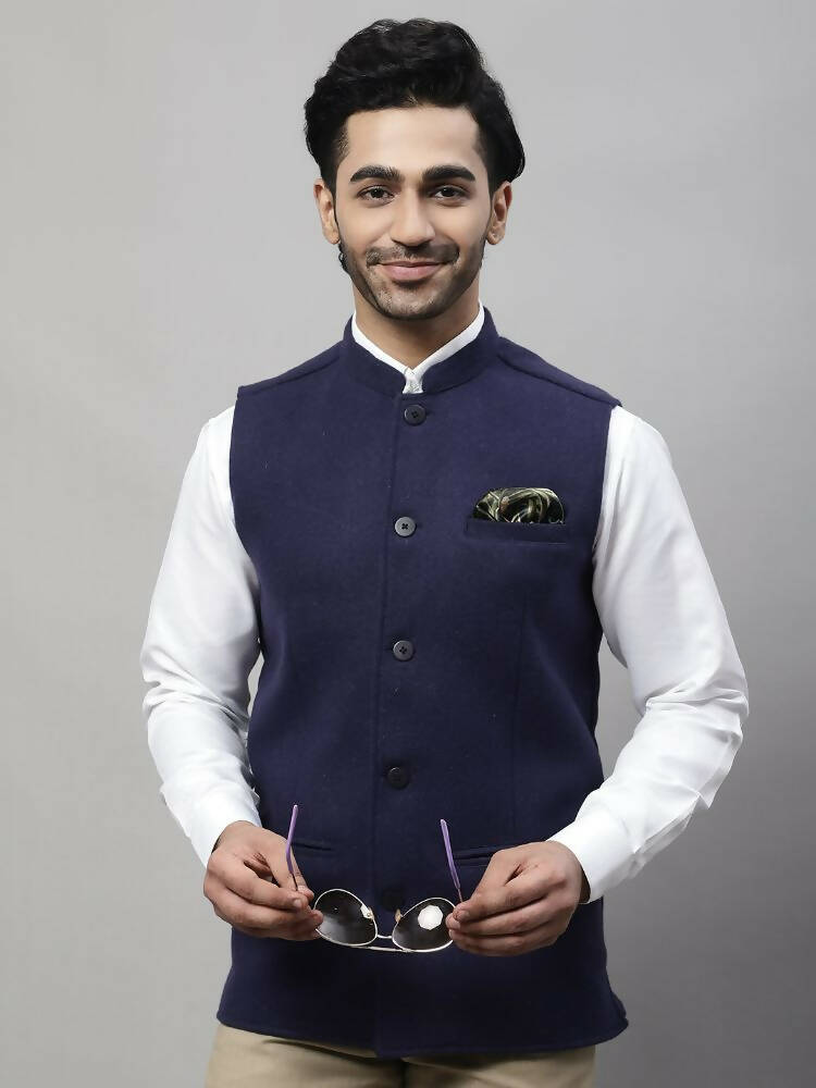 Even Apparels Pure Wool Nehru Jacket - Navy
