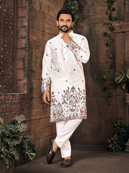 Anaita White Multi Thread Work Silk Straight Kurta