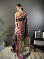 Joban Fashion Brown Woven Zari Motifs Lichi Silk Banarasi Silk Saree - Distacart