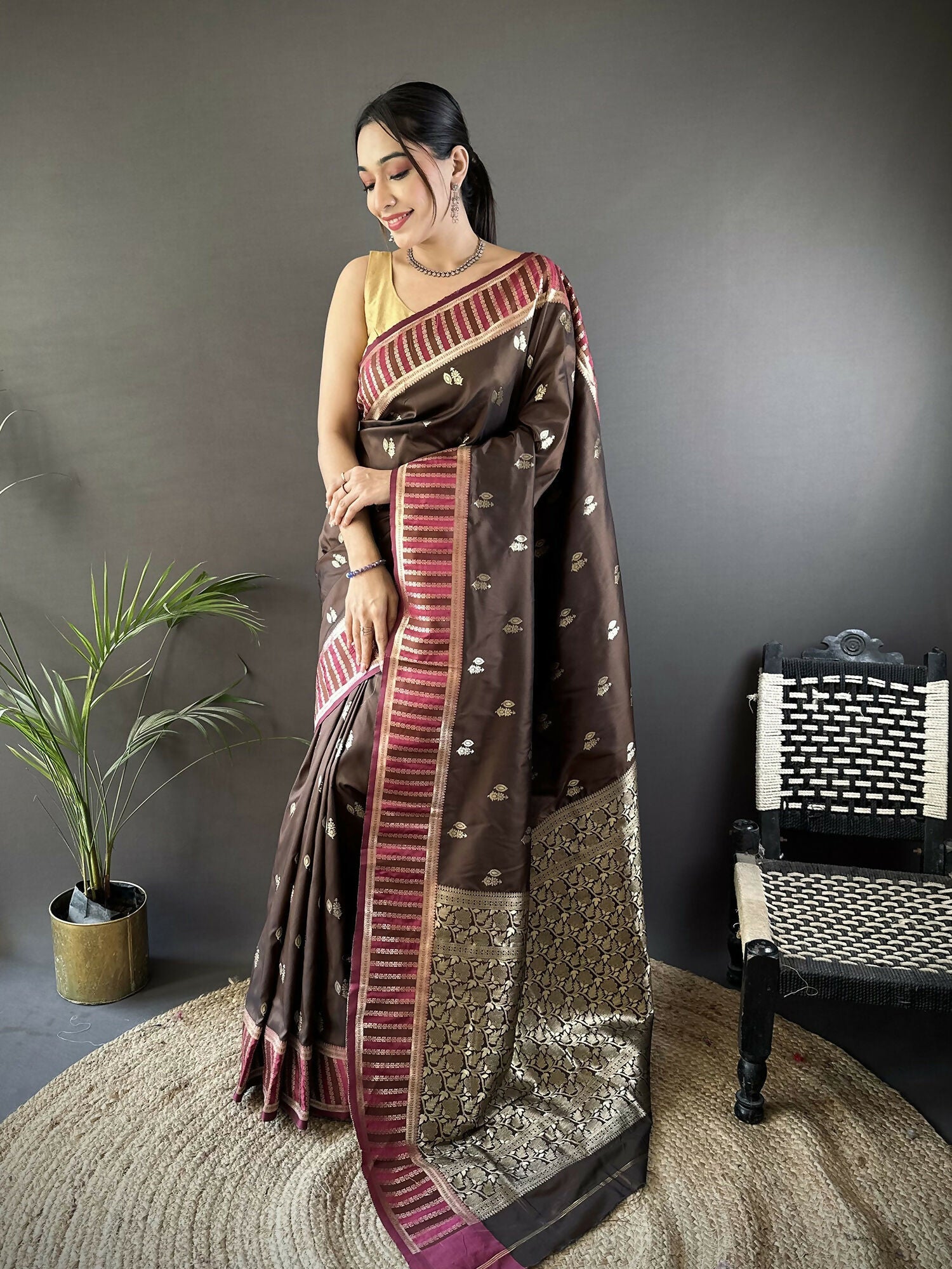Joban Fashion Brown Woven Zari Motifs Lichi Silk Banarasi Silk Saree - Distacart