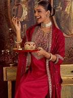 Indo Era Ethnic Floral Embroidered Zari Work Detail Regular Sleeves Round Neck Kurta Set - Distacart