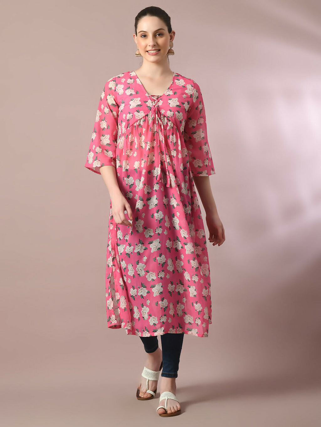 Myshka Women's Pink Printed Georgette A-Line Nyra-cut Kurta