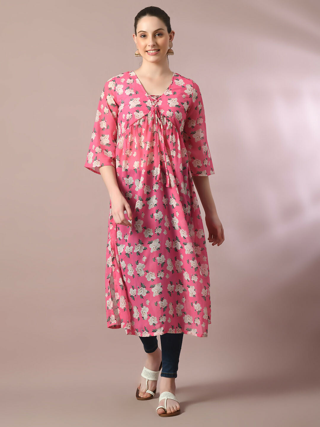 Myshka Women's Pink Printed Georgette A-Line Nyra-cut Kurta