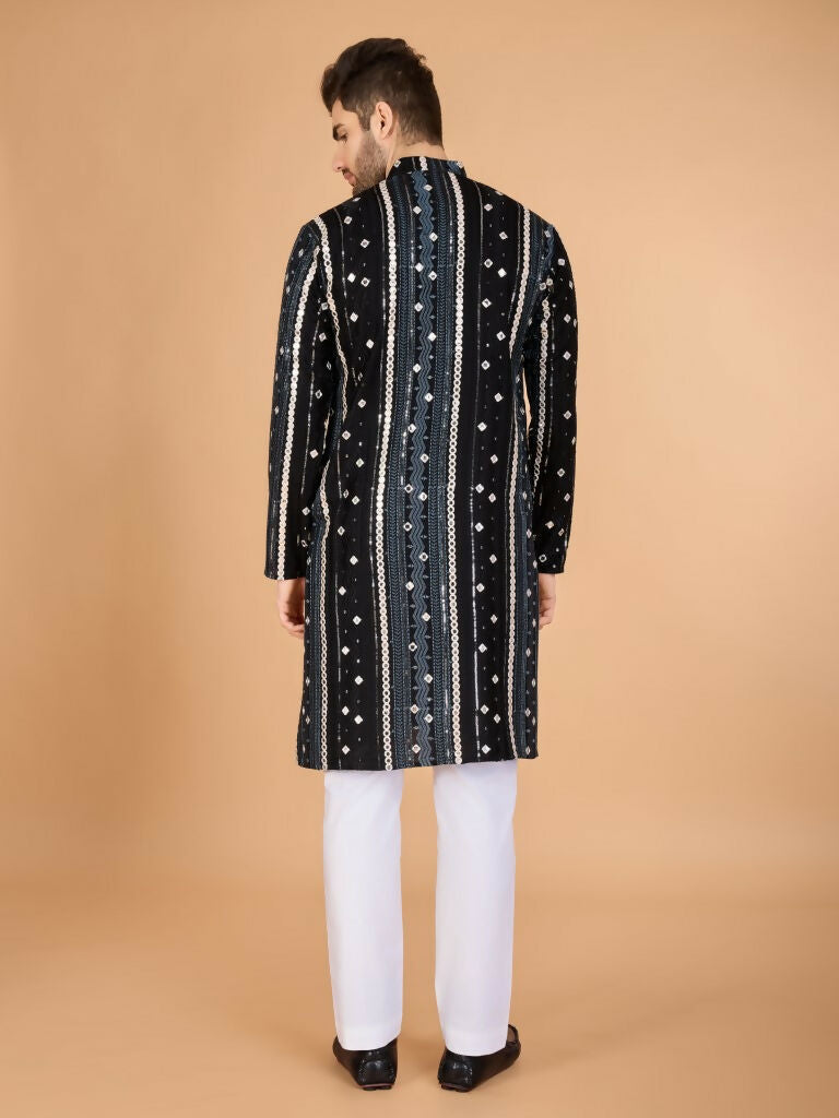 Vastranavya Black Exclusive Festival Wear Pure Viscose Rayon Sequence & Foil Mirror Heavy Embroidered Work Kurta