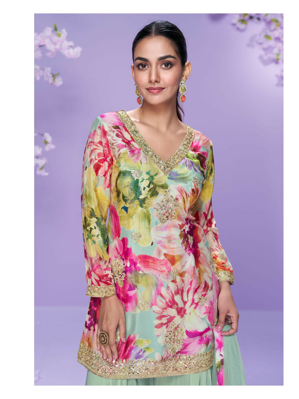 Anaita Sea Green Chinon Readymade Palazzo Suit with Digital Embroidery Work - Distacart