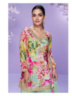 Anaita Sea Green Chinon Readymade Palazzo Suit with Digital Embroidery Work - Distacart