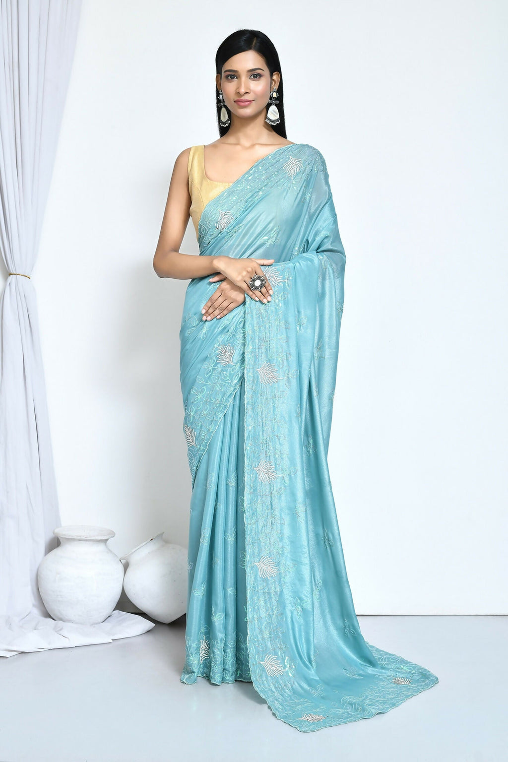 Blue Crepe Silk Sequence Embroidered with Stone work Saree - Nimaya Benzy