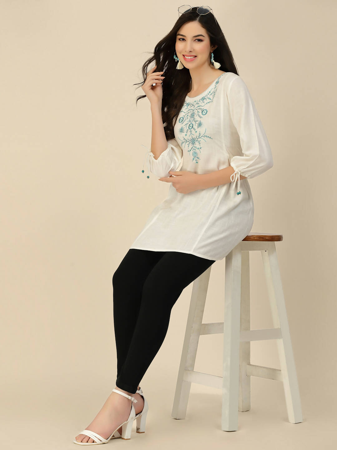 White Poly Rayon Floral Embroidered Top - Zeny