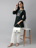 Green Rayon Yoke Embroidered A-line Top - Tarini