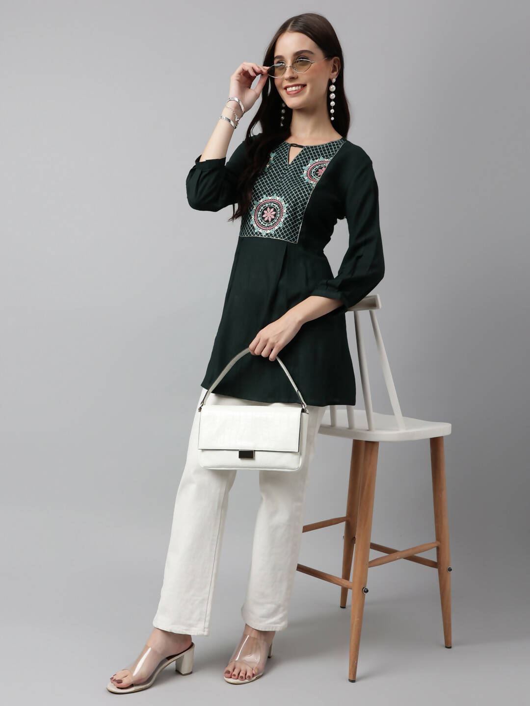 Green Rayon Yoke Embroidered A-line Top - Tarini