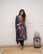 The52 Blue Women's Gorgeous Printed Pure Russian Silk Fabric Straight Kurta Pant with Dupatta Set - Distacart