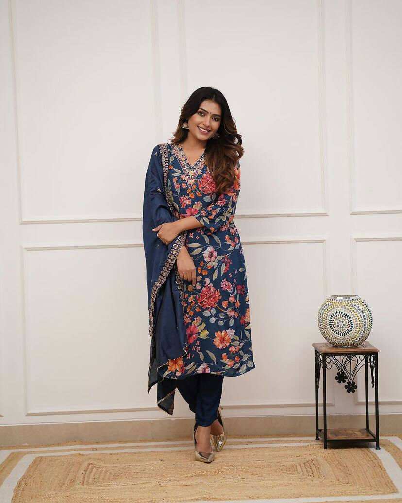 The52 Blue Women's Gorgeous Printed Pure Russian Silk Fabric Straight Kurta Pant with Dupatta Set - Distacart