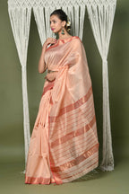 Very Much Indian Handloom Cotton Silk Maheshwari Saree With Sleek Golden Border - Beige