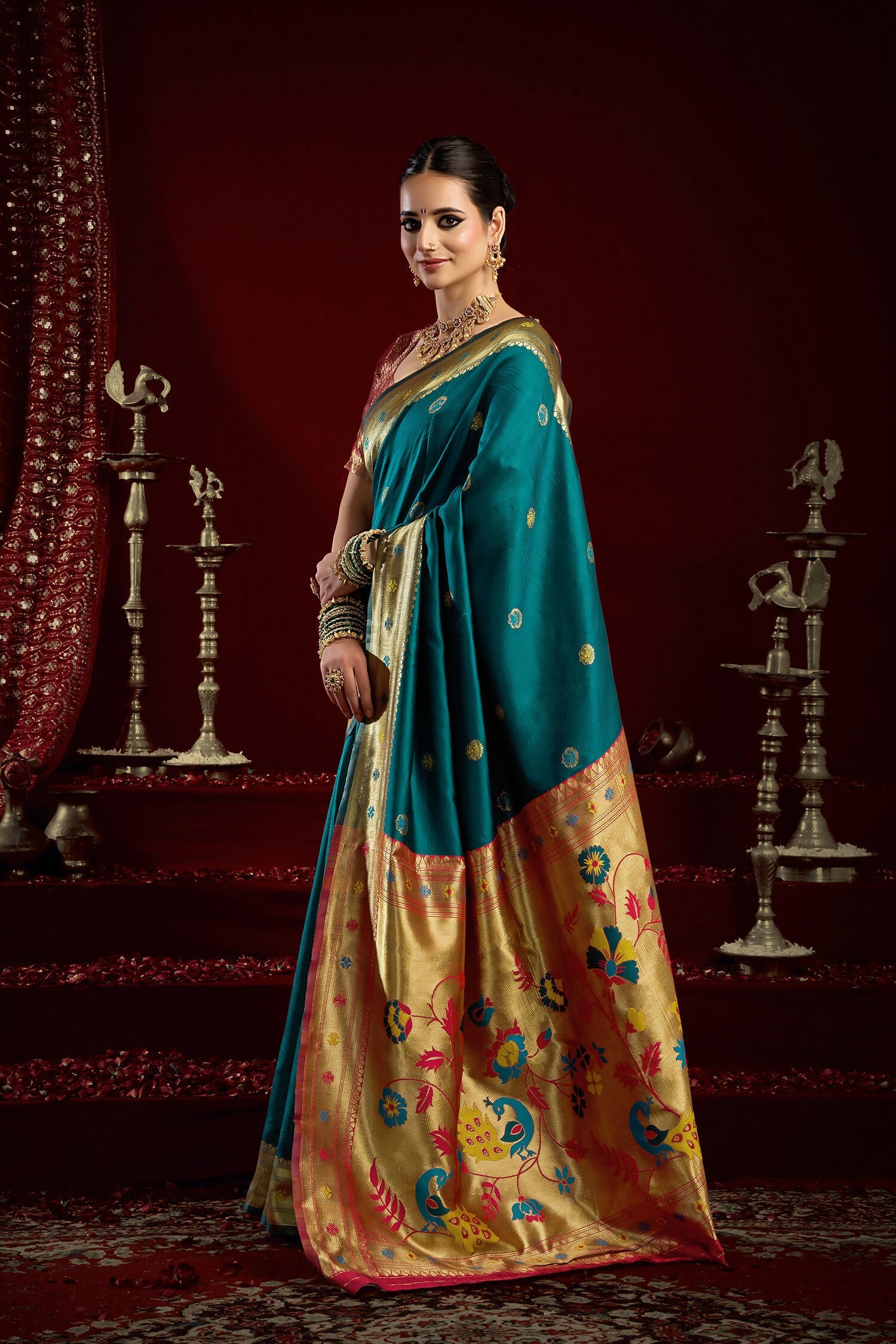 Joban Fashion Teal Paithani Silk Blend Butti Saree - Distacart