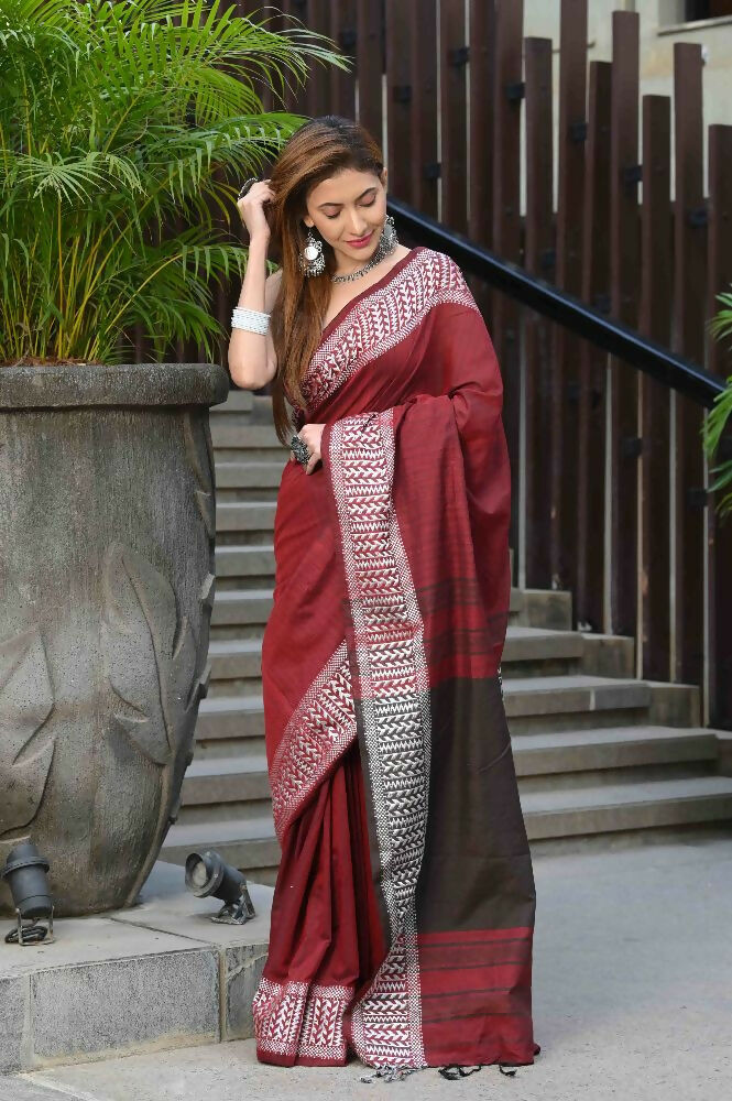 Beatitude Red Cotton Jacqaurd Border Tangail Handloom Saree