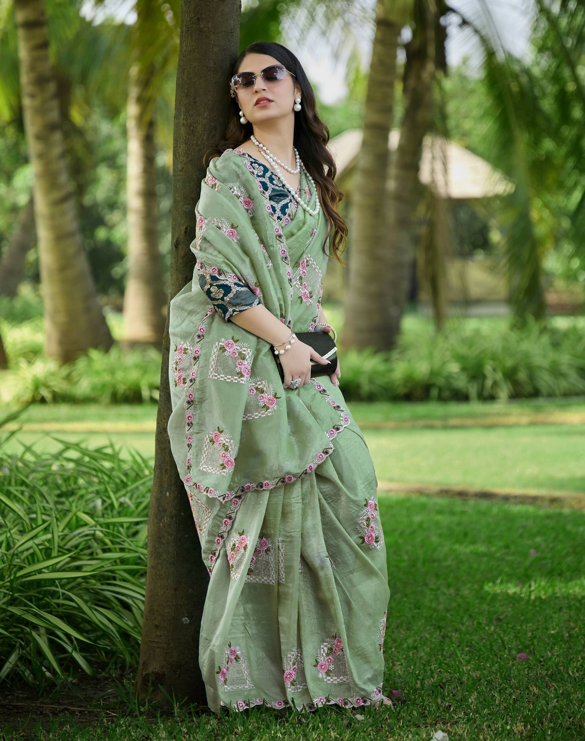 Teeya Creation Pista Color Pure Paper Silk Heavy Embroidery Work Wedding Wear Saree - Distacart
