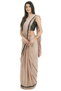 Mominos Fashion All Season Wear Beige And Black Colour Ruffled Ready To Wear Saree - Distacart