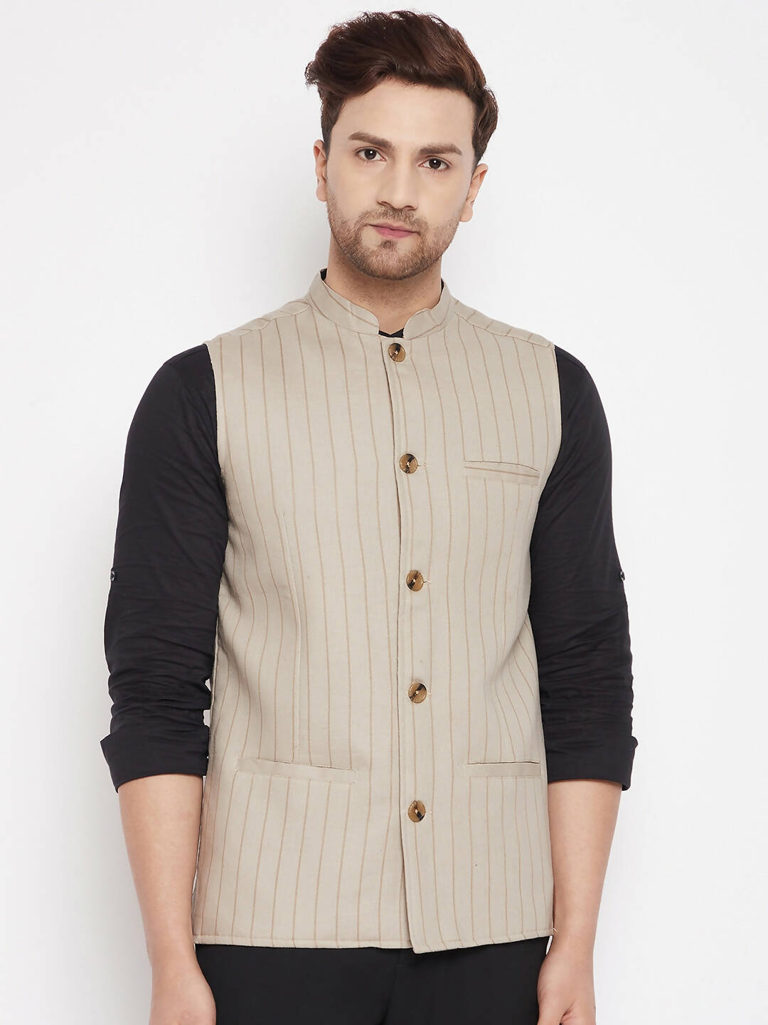 Even Apparels Beige Linen Blend Men Woven Nehru Jacket - Distacart