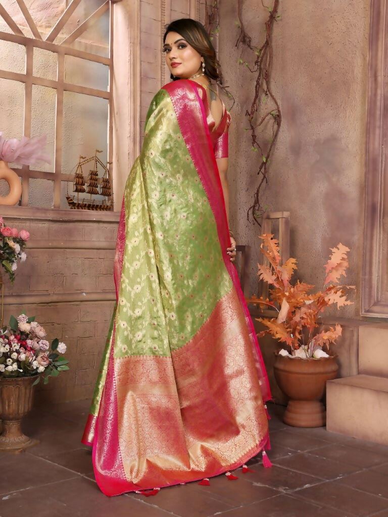 Anaita Light Green Tissue Silk With Zari Weaving Saree With Blouse