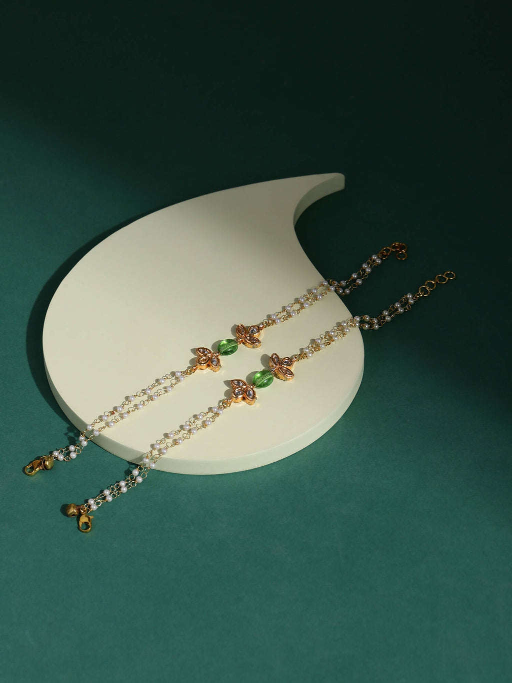 Gold Plated Green White Kundan Beads Anklet Set Of 2 - Ruby Raang - Distacart