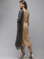 Yufta Women Beige & Charcoal Grey Ethnic Motifs Embroidered Kurta with Trouser & Dupatta