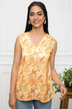 Myshka Women Mustard Floral V-Neck No Sleeves Polyester Top - Distacart